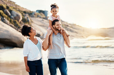 Family on beach, kid on father shoulders and travel with bonding, love and walking together in...
