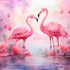 Watercolor exotic bird pink flamingo. AI generated image