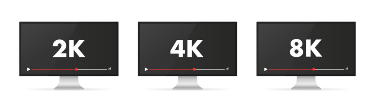 Flat screen TV with 2k, 4k, 8k Ultra HD video technology vector icon, led television display with high definition digital technology symbol. Idea of wide screen computer monitor. Vector illustration