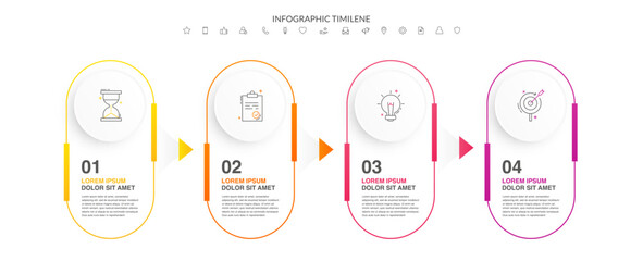 Timeline vector infographic with infochart and arrows. Business modern template presentation with four steps and icons for the process. Art template on white background with 4 circles