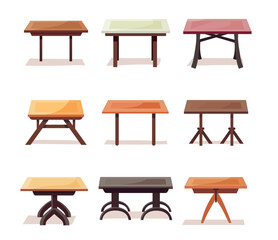 Wooden tables for home in flat and cartoon style.