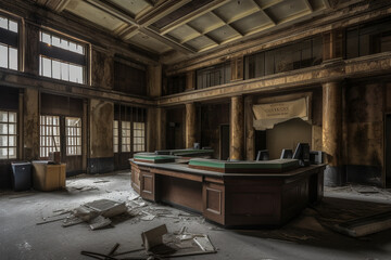 Abandoned bank lobby with unmanned teller stations, Business, 