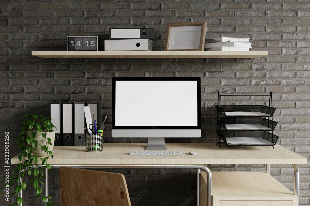 Poster minimalist workspace with a laptop mockup on a table in a minimal office. 3d render illustration