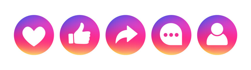 Round buttons in 3d style with gradients, share arrow, message, comment. Social media template icons. Blog concepts for website, web page, promotional materials. Vector illustration