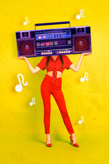 Collage poster sketch of unusual weird faceless girl listen cassette player boombox music isolated...