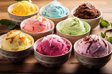 variety of ice cream flavors in colorful bowls