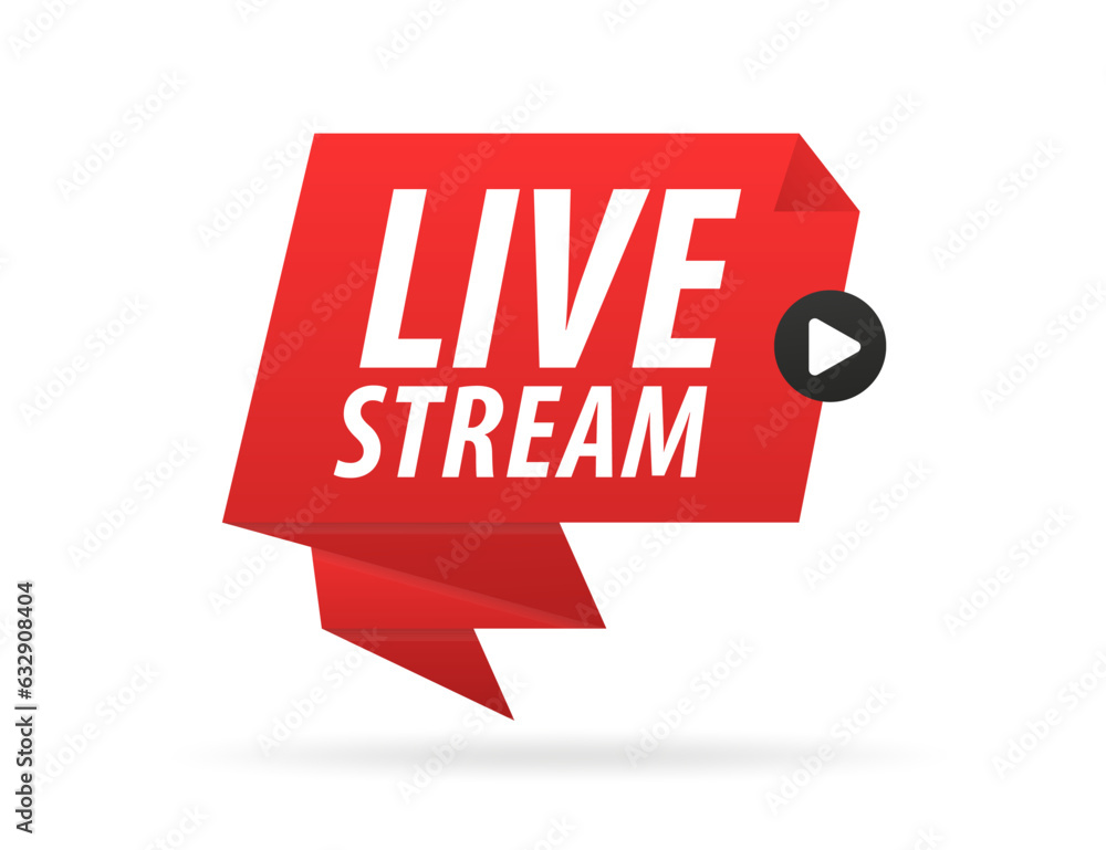 Poster live streaming logo - red vector design element with play button for news and tv or online streaming