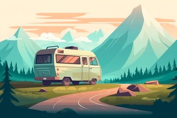 Drawing of a caravan stopped on the road to the mountains. Generative AI. - obrazy, fototapety, plakaty