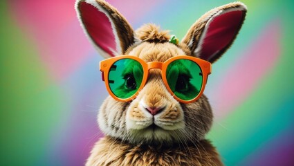 Fototapeta na wymiar easter bunny with glasses and colourful background 