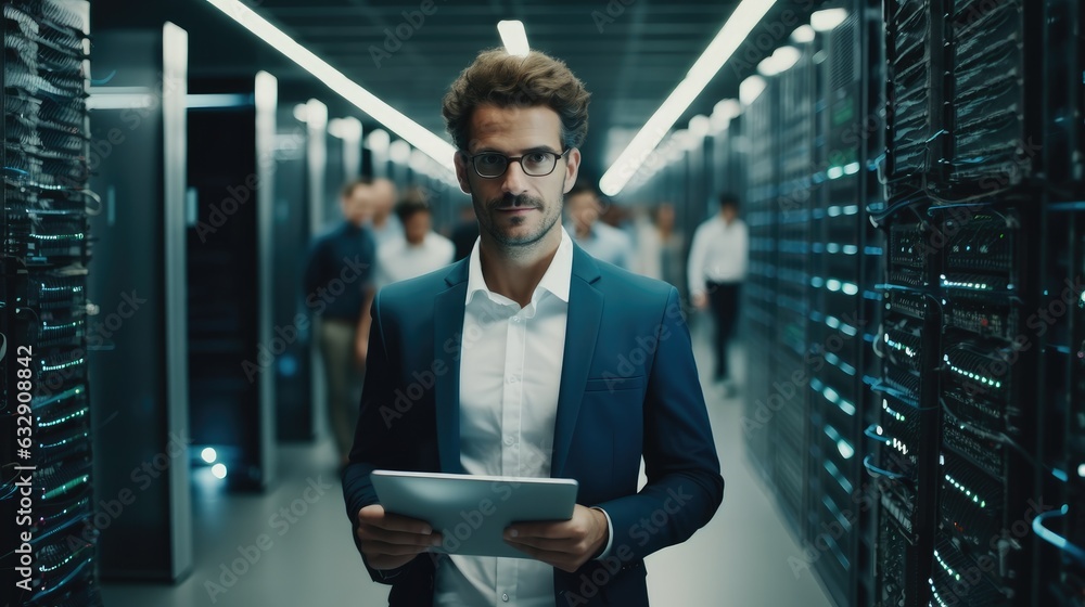 Poster Portrait of handsome man while working with servers in a data center.