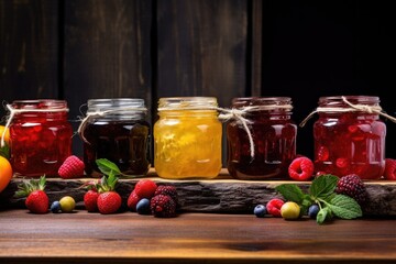 Fototapeta na wymiar a row of jars with different fruit jams against a rustic background