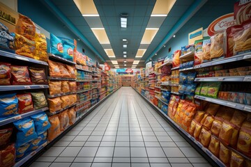Grocery Store Aisle Filled With Various Snacks, Generative AI  - obrazy, fototapety, plakaty