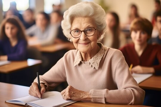 Grandmother are writing in notebook while studying in university.