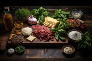 lasagna ingredients arranged on a wooden table