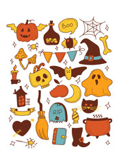 Stickerpack. Bright elements for Halloween design. Pumpkin, Skull, Ghost, Gravestone, Spider, Candy, Broom, Hat, Eye, Potion, Bone, and more. Halloween labels, icons and objects. Happy holiday.