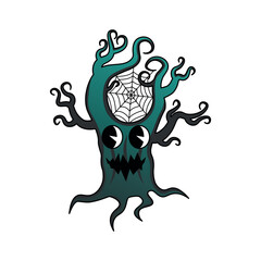 Funny groovy  retro clipart spooky tree. Creepy tree character in 70's cartoon style. Vector illustration isolated on white background