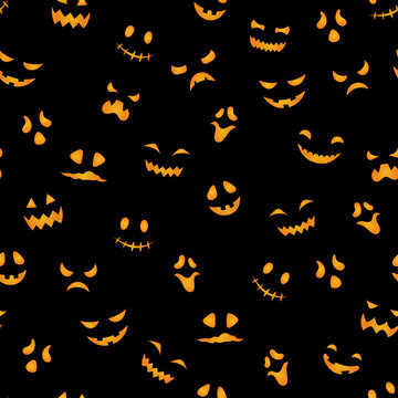 Naklejki Cute Halloween seamless pattern. Vector pumpkin carved scary faces texture, funny smiling ghost masks orange print on black background for decoration, fabric print, web, app, wallpaper, digital paper