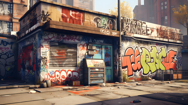 A urban style with graffiti tags on building wall