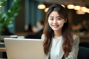 Young Asian woman in office are working on laptop.