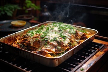 homemade lasagna fresh from the oven, steaming