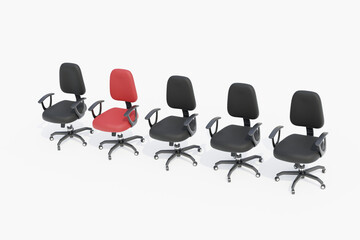 Row of five office chair, one red and four black chairs, career concept