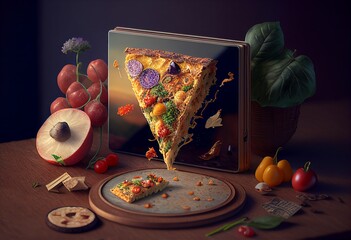 Pizza crunchy fresh vegetable  meat sweet salad fruits snack baked healthy testy delicious tomato cheese fast food organic cinematic background future photography HD - obrazy, fototapety, plakaty