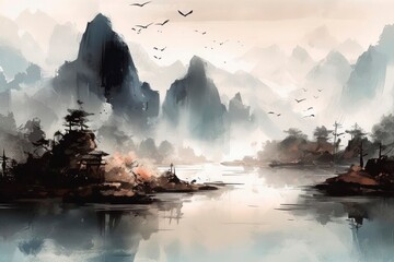 Fototapeta premium Painting of red trees and a river, in the style of traditional Chinese landscape. Generative AI.