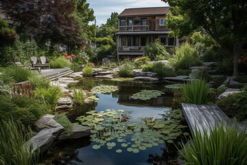 Fototapeta na wymiar Waterfront garden with a serene pond, Landscape Design, 