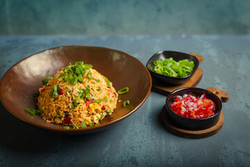 Typical traditional dish called Arroz chaufa, which is a fusion between Peruvian and Asian food.