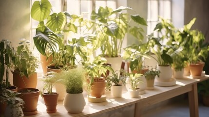 Collection of plants in flower pots near window at home, Houseplants in interior.