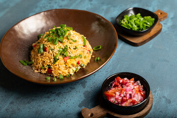 Typical traditional dish called Arroz chaufa, which is a fusion between Peruvian and Asian food.