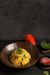Typical traditional dish called Arroz chaufa, which is a fusion between Peruvian and Asian food.