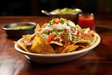 nachos with a side of salsa, guacamole, and sour cream