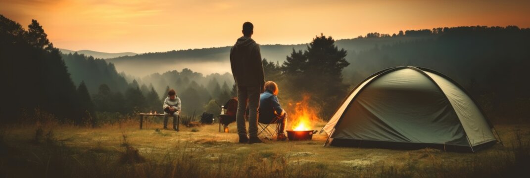 Family enjoying picnic surrounded with serene forest landscape, Camping tent concept.