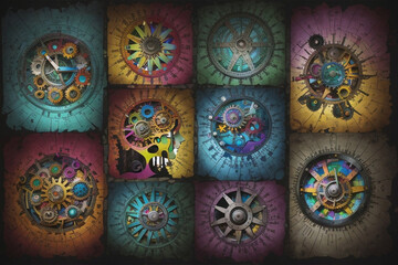 Colorful collage with a books, cogs, a brain, lightbulb, intelligence, learning, education. Image created using artificial intelligence.
