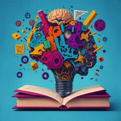 Colorful collage with a books, cogs, a brain, lightbulb, intelligence, learning, education. Image created using artificial intelligence.