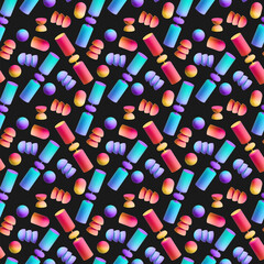 Seamless pattern with abstract 3d geometric shapes against black background