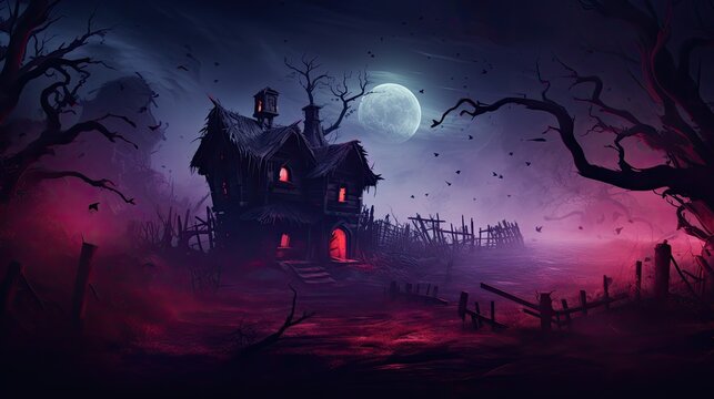 Spooky house or witch hut, scary night, halloween