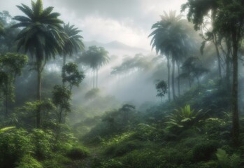 Fototapeta na wymiar Exotic foggy forest. Jungle panorama, forest oasis. Foggy dark forest. Natural forest landscape