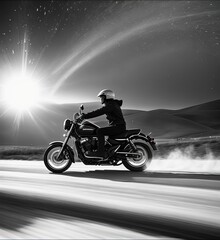 Motorcycle in motion, cinematography, sand, snow from under the wheels, Bike 07