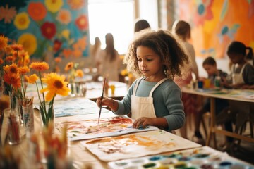 Obraz na płótnie Canvas Kindergarten Children Finger Painting A Drawing, Generative AI