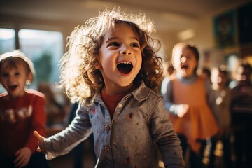 Kindergarten Children Singing And Dancing, Generative AI - obrazy, fototapety, plakaty
