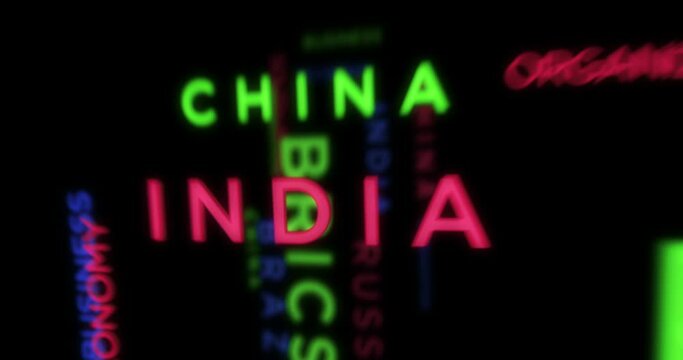 BRICS kinetic text abstract concept loop animated. Brazil Russia India China South Africa word typography seamless looping 3d animation.