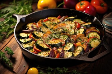 cast iron skillet with colorful ratatouille ingredients