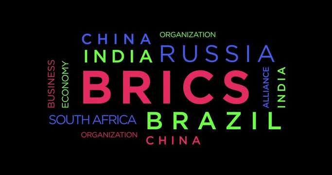 BRICS kinetic text abstract concept loop animated. Brazil Russia India China South Africa word typography seamless looping 3d animation.