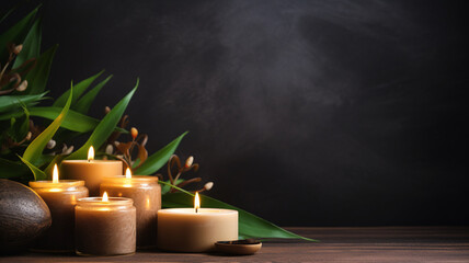 Aromatherapy wax soy organic natural balinese spa massage banner copy space burning candles with floral arrangement copy space banner - obrazy, fototapety, plakaty