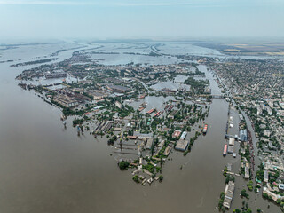 The flooded port of the city of Kherson after the explosion of the dam of the Kakhovka reservoir....