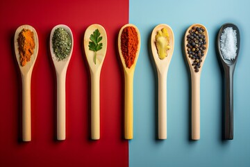Minimal flat concept of  spices on the wooden spoon, red and blue background