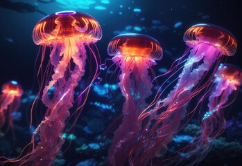 Bioluminescent jellyfish, neon glowing underwater