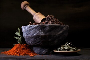 rustic mortar and pestle with crushed spices